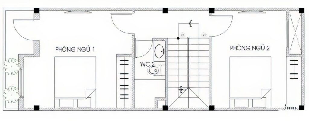 Bản vẽ thiết kế nhà phố với mặt bằng tầng 2.
