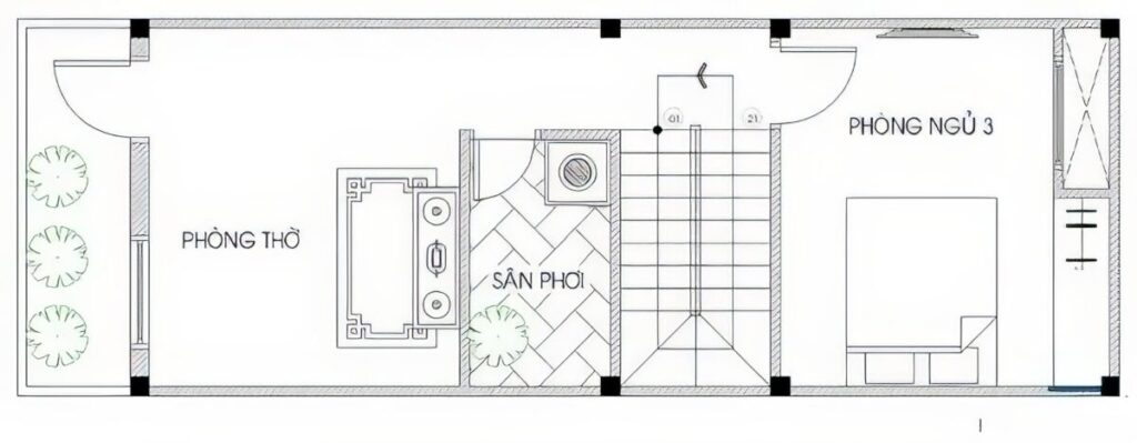 Bản vẽ thiết kế nhà phố với mặt bằng của tầng 3.