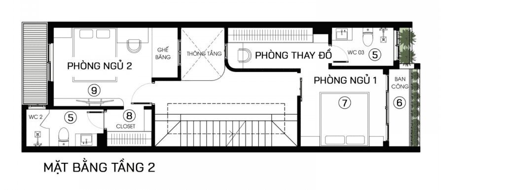 Bản vẽ công năng tầng 2 mẫu nhà phố 3 phòng ngủ 3 tầng