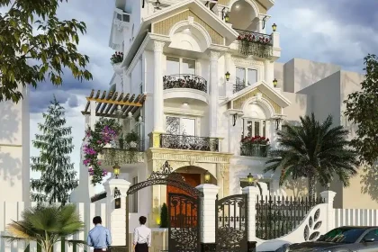 Phối cảnh mẫu nhà phố tân cổ điển 4 tầng có sân vườn