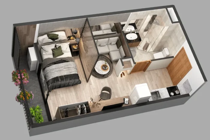 Bản vẽ 3D công năng mẫu nhà 5x20
