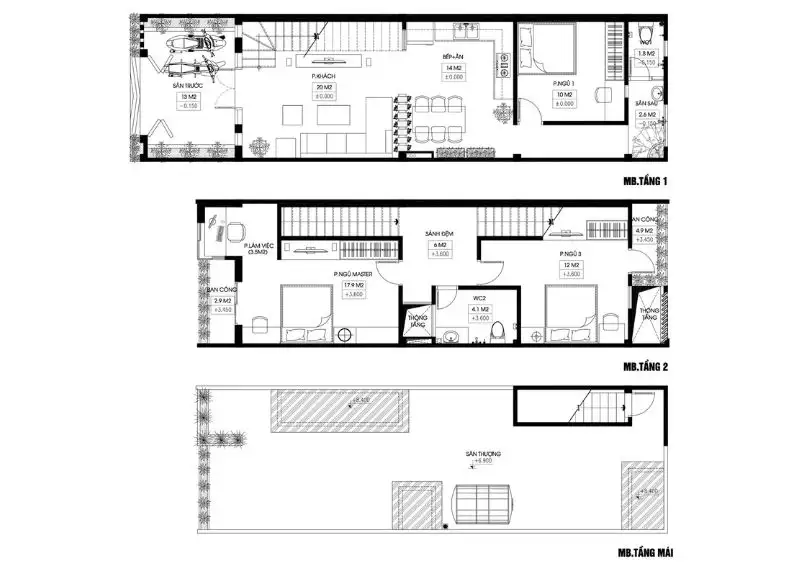 Sơ đồ công năng 3 tầng mẫu nhà 2 tầng 1 tum 5x20